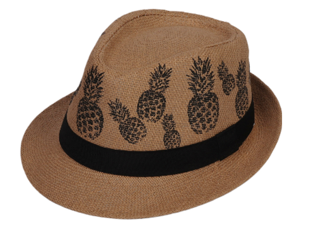 Pineapple Print Black Band Natural Straw Trilby Hat, MOQ-6/pk